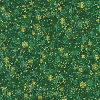 Traditional Trimmings - Stars and Snowflakes Evergreen Metallic Yardage
