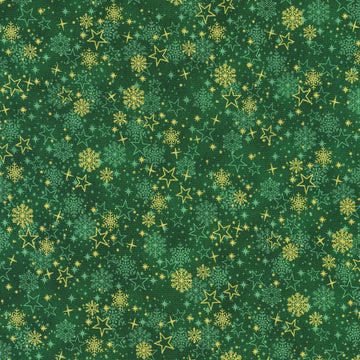 Traditional Trimmings - Stars and Snowflakes Evergreen Metallic Yardage