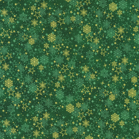 Traditional Trimmings - Stars and Snowflakes Evergreen Metallic Yardage