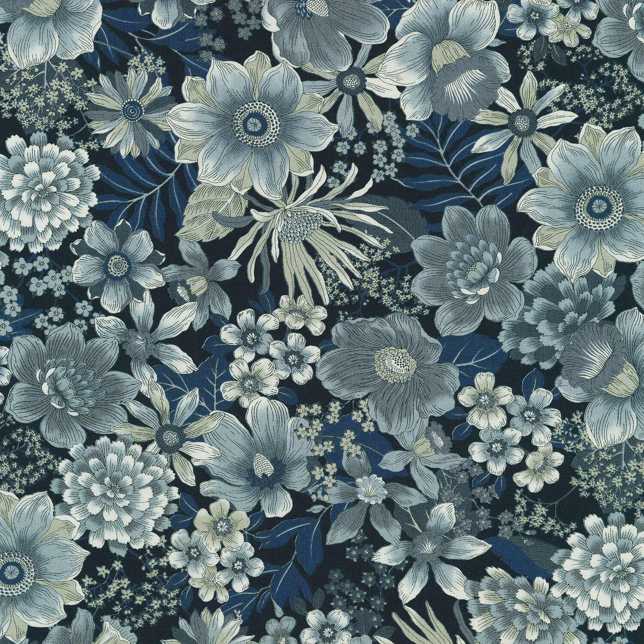 Vintage Petals & Paisleys - Florals Navy Yardage