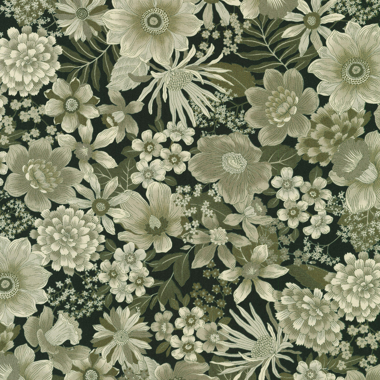 Vintage Petals & Paisleys - Black Yardage