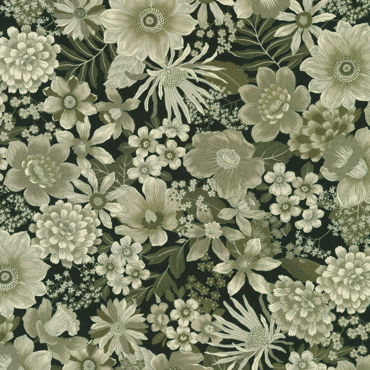 Vintage Petals & Paisleys - Black Yardage
