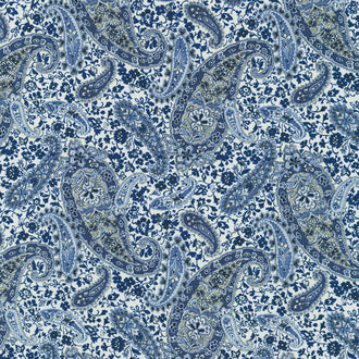 Vintage Petals & Paisleys - Large Paisley Natural Blue Yardage