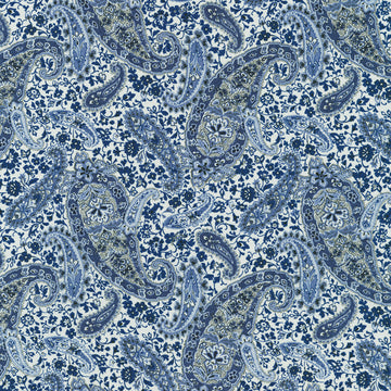 Vintage Petals & Paisleys - Large Paisley Natural Blue Yardage