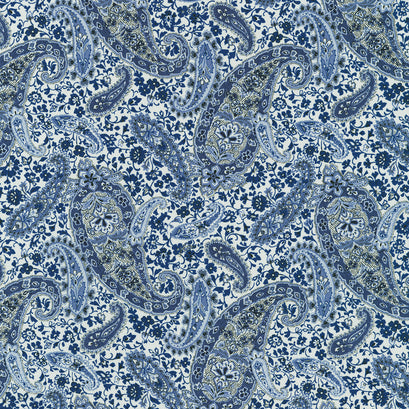Vintage Petals & Paisleys - Large Paisley Natural Blue Yardage