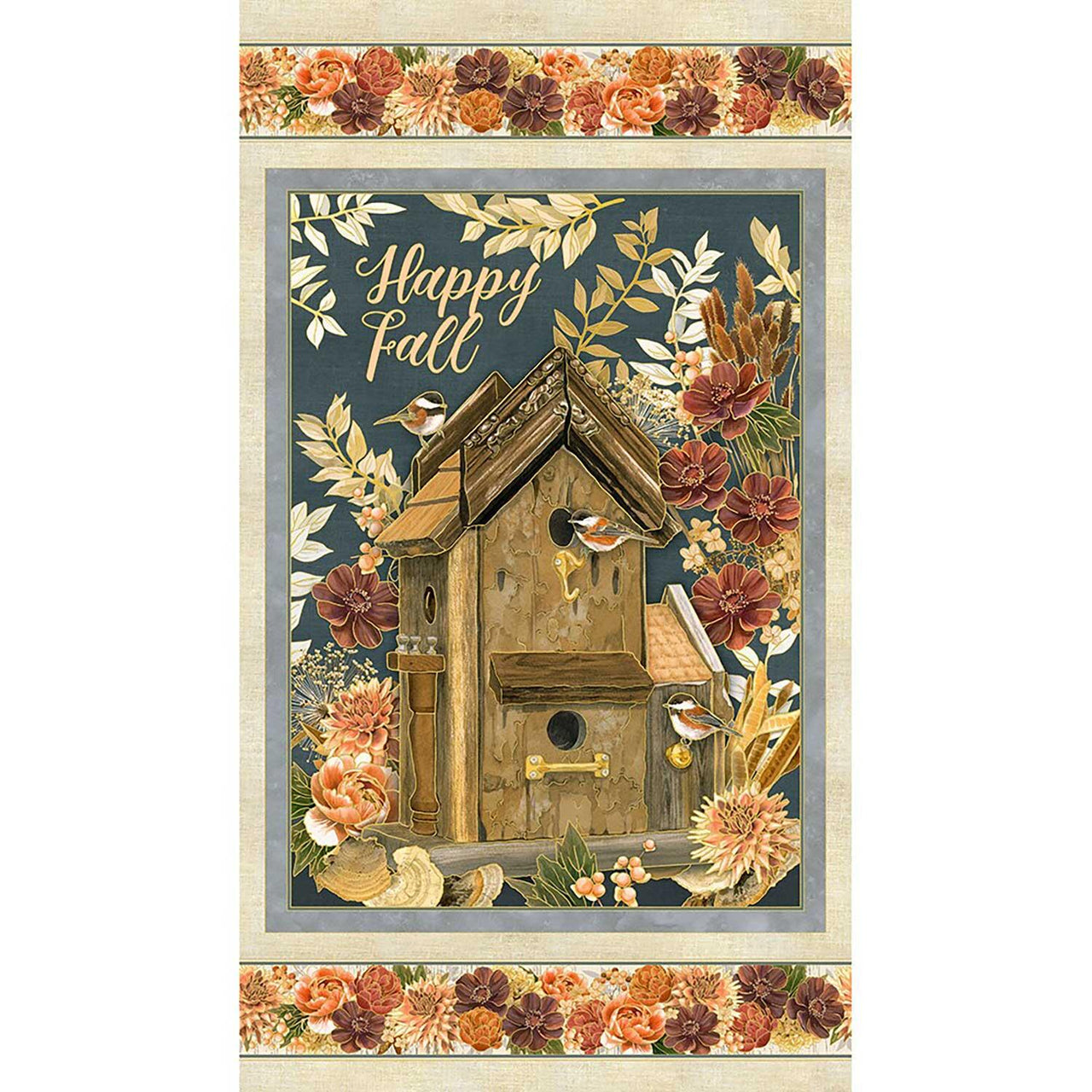 Hello Fall - Autumn Birds Birdhouse, Floral Harvest Metallic Panel