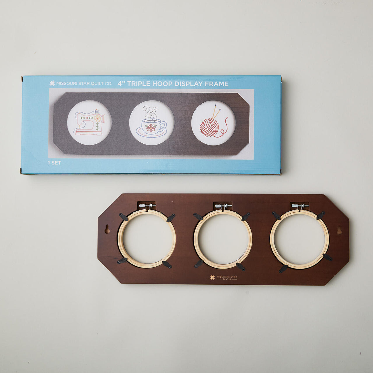 Missouri Star Hoop Display: 5" Hanging Dark Walnut Triple Hexagon Frame