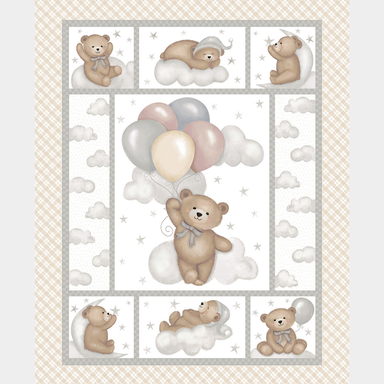 Sleepy Teddy - Teddy Bear Oatmeal Gray Panel
