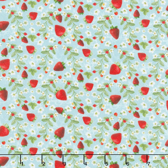 Berry Sweet - Strawberries & Flowers Blue Yardage