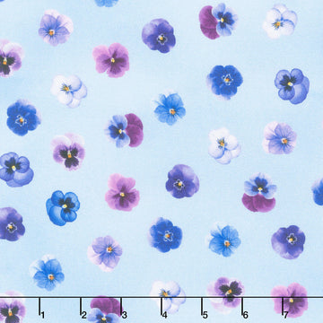 Pansy Perfection - Tossed Pansy Floral Blue Yardage