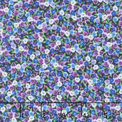 Pansy Perfection - Tiny Pansy Floral Black Yardage