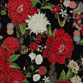 Lotus Garden - Lotus Floral Black Metallic Yardage