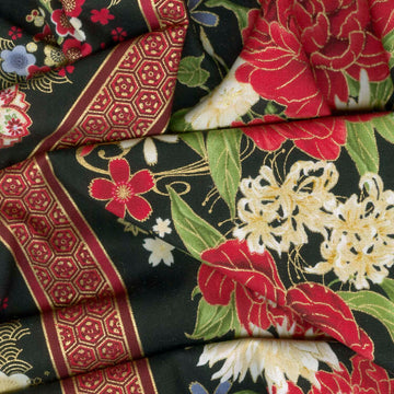 Lotus Garden - Floral 11" Stripes Black Metallic Yardage