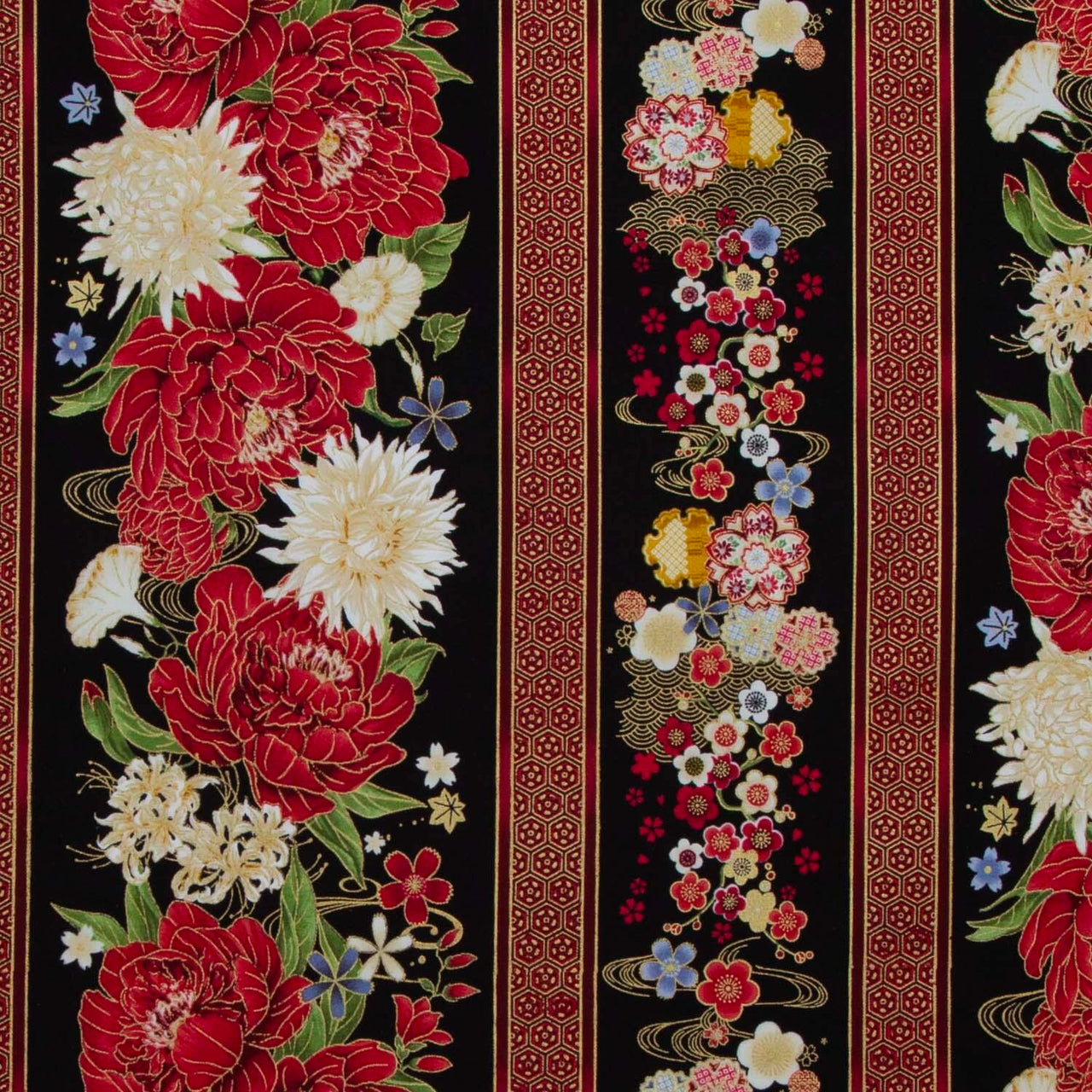 Lotus Garden - Floral 11" Stripes Black Metallic Yardage