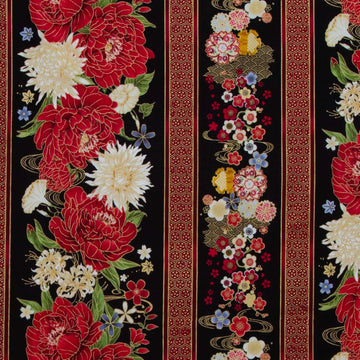 Lotus Garden - Floral 11" Stripes Black Metallic Yardage