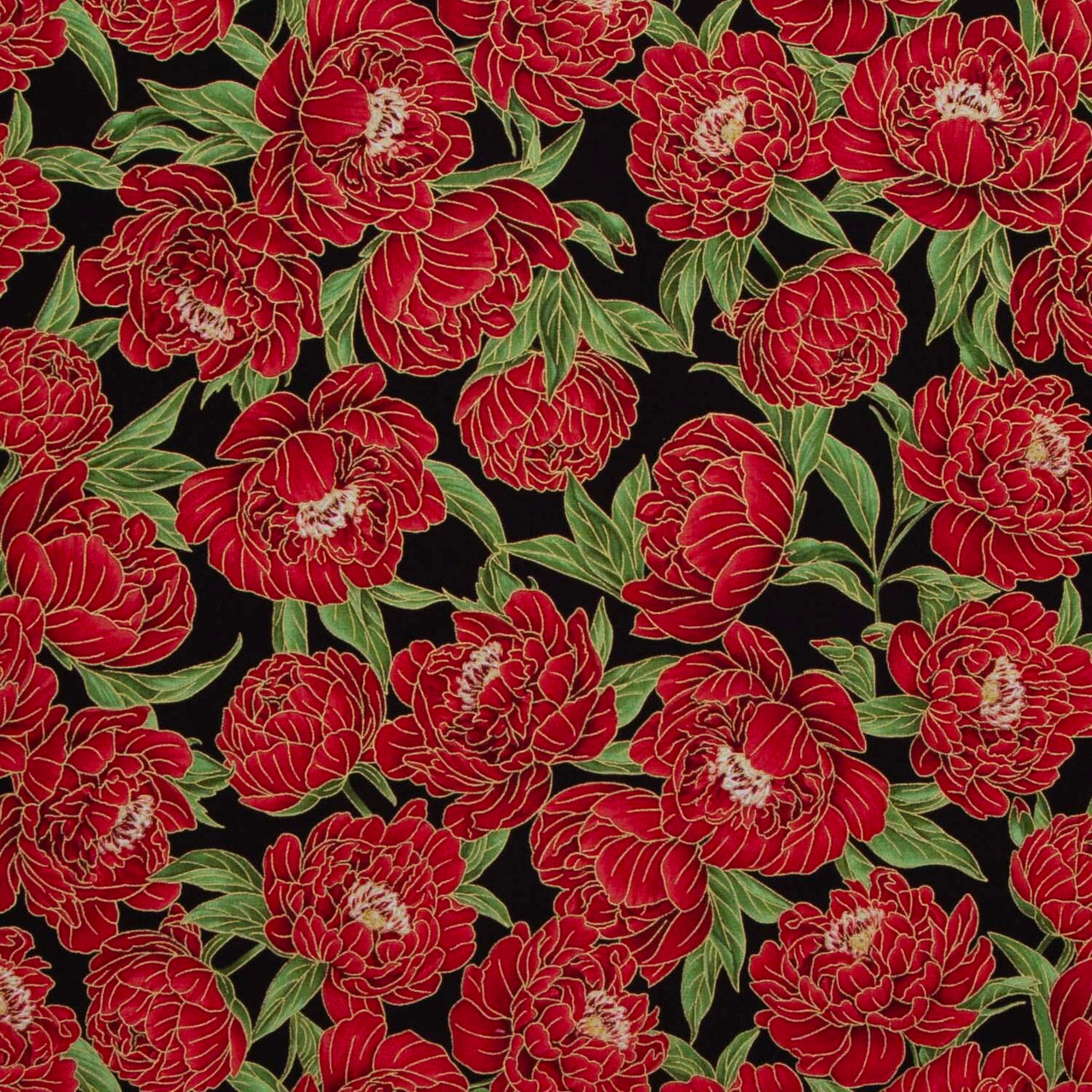 Lotus Garden - Peony Floral Black Metallic Yardage