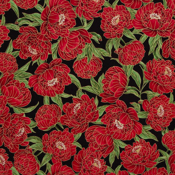 Lotus Garden - Peony Floral Black Metallic Yardage