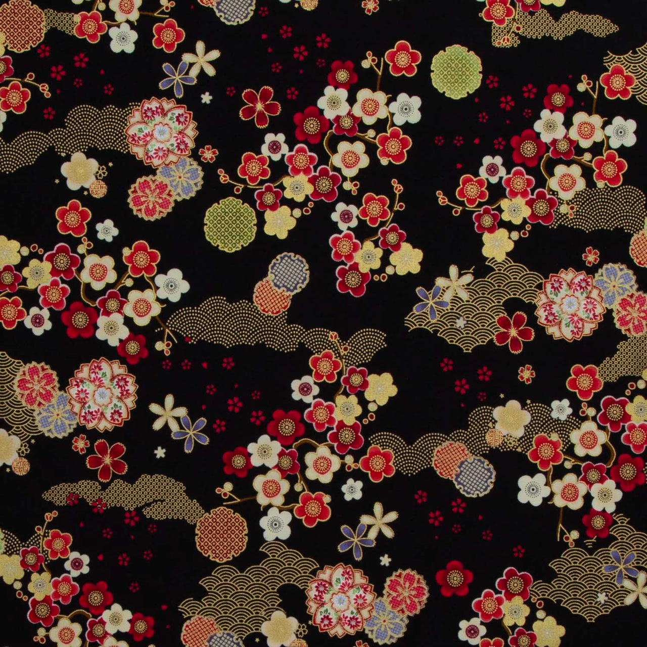Lotus Garden - Geo Asian Floral Black Metallic Yardage