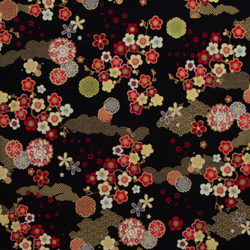 Lotus Garden - Geo Asian Floral Black Metallic Yardage