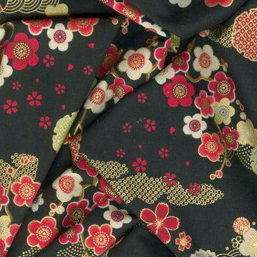Lotus Garden - Geo Asian Floral Black Metallic Yardage