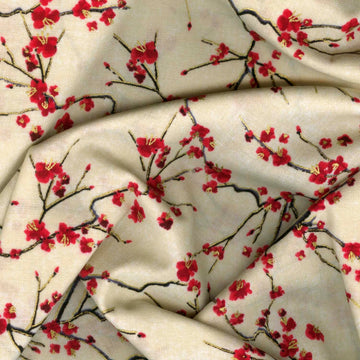 Lotus Garden - Cherry Blossom Branches Cream Metallic Yardage