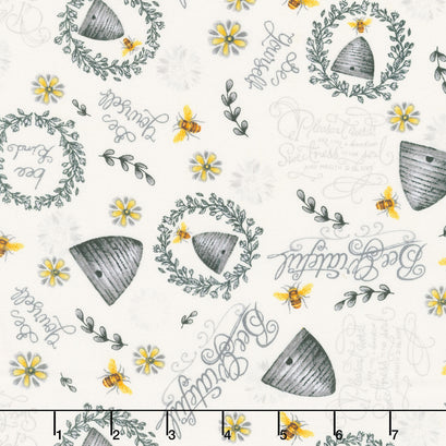 Bee Hives and Sunflowers White Yardage