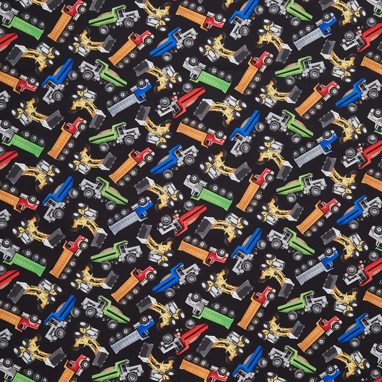Novelty - Construction Vehicles Tossed Black Yardage
