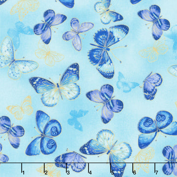 Escapade - Flying Butterflies Aqua Metallic Yardage