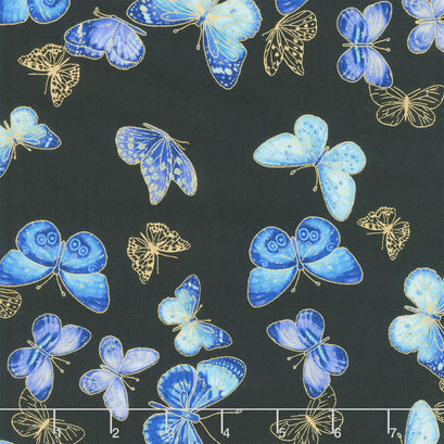 Escapade - Flying Butterflies Black Metallic Yardage