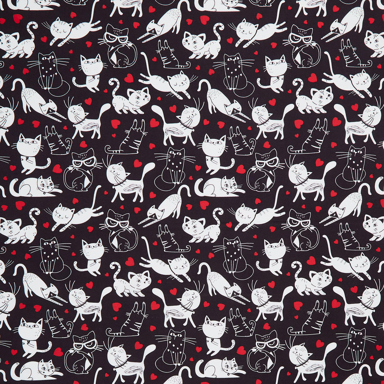 Cats - Tossed Cats & Hearts Black Yardage