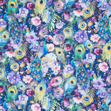 Wild Beauty - Peacock Peek-A-Boo Floral Navy Yardage