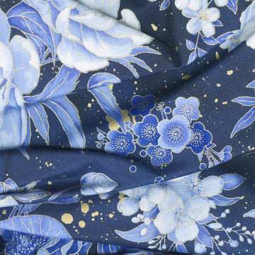 Moonlight - Asian Floral Navy Metallic Yardage