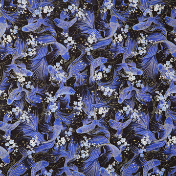 Moonlight - Butterfly Koi Fish Black Metallic Yardage