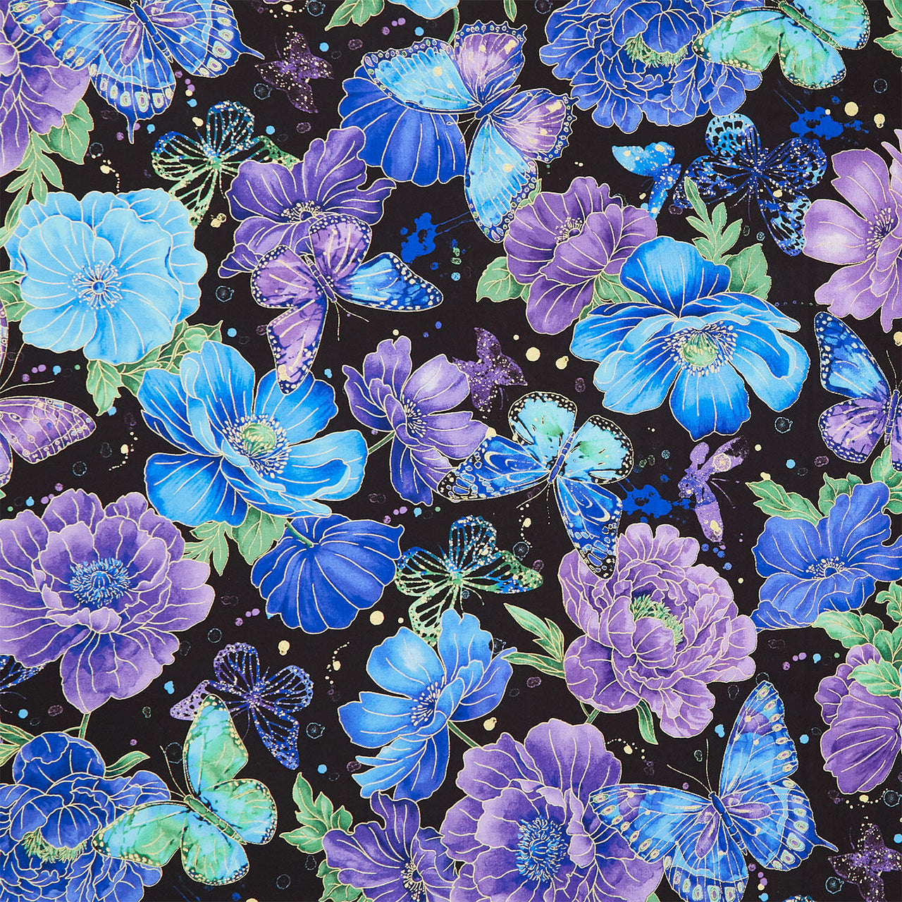 Evening Glow - Floral & Butterflies Black Metallic Yardage