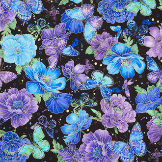 Evening Glow - Floral & Butterflies Black Metallic Yardage