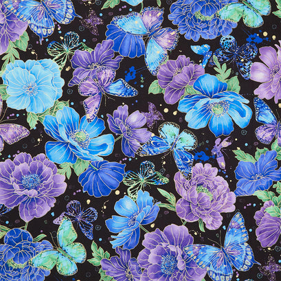 Evening Glow - Floral & Butterflies Black Metallic Yardage