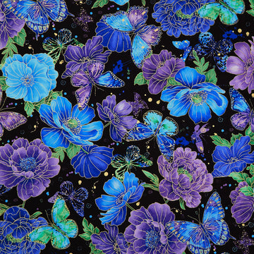 Evening Glow - Floral & Butterflies Black Metallic Yardage