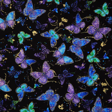 Evening Glow - Flying Butterflies Jet Metallic Yardage