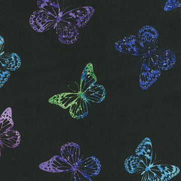 Evening Glow - Tossed Butterflies Black Metallic Yardage