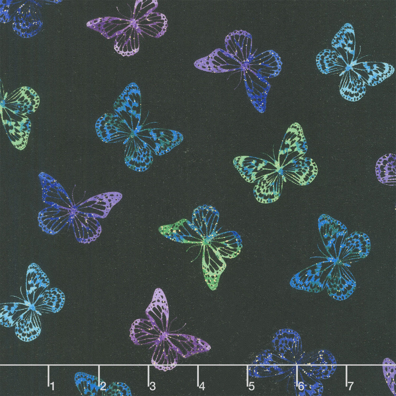 Evening Glow - Tossed Butterflies Black Metallic Yardage