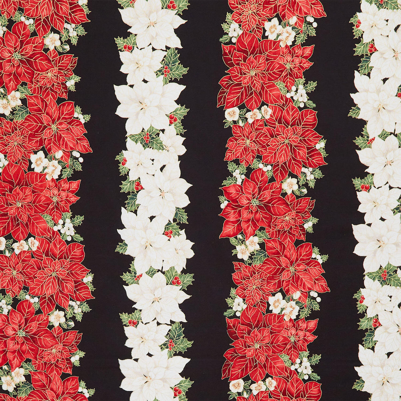 Merry Christmas - Poinsettias 11" Stripes Black Metallic Yardage