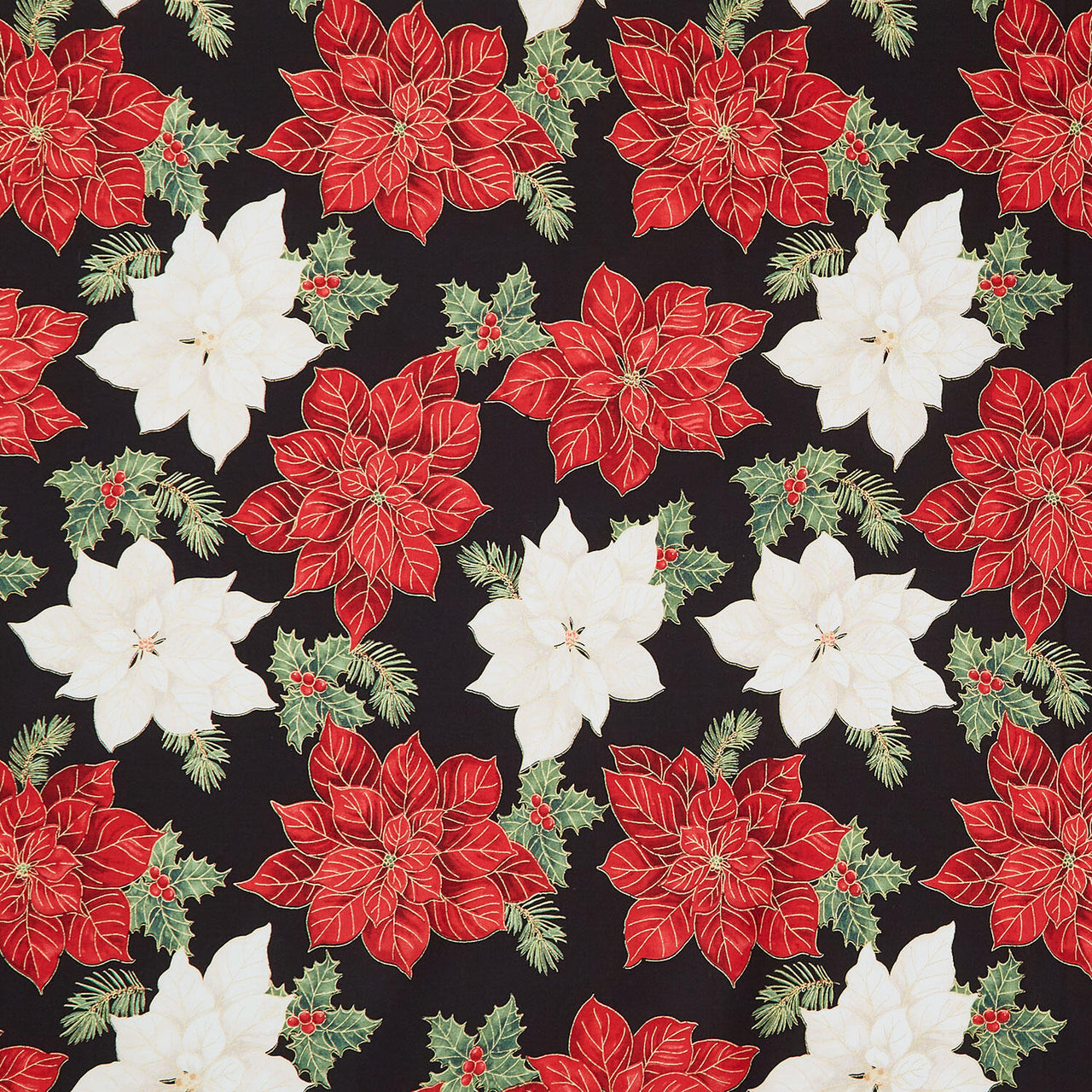 Merry Christmas - Poinsettia Floral Poinsettia Metallic Yardage