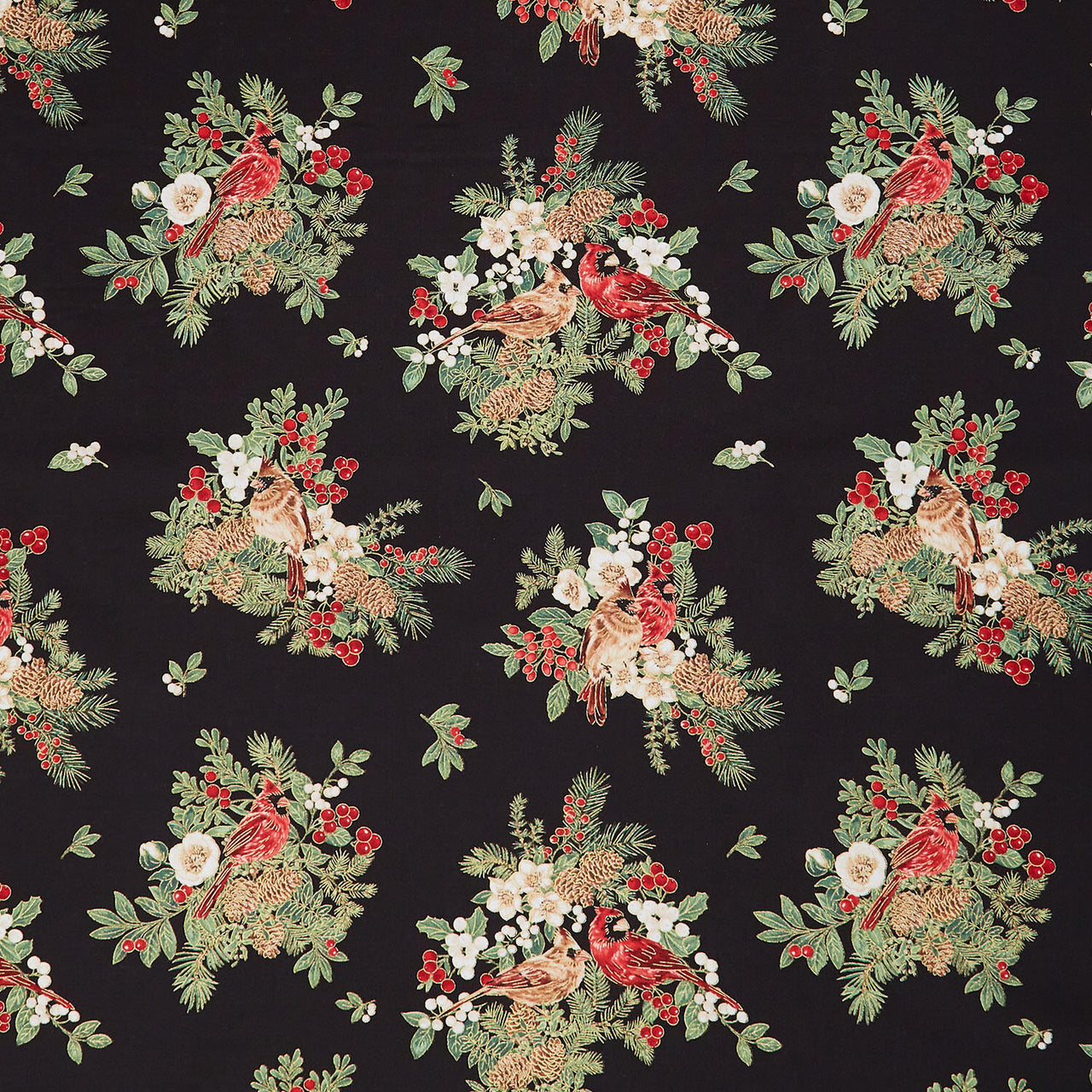Merry Christmas - Cardinal On Floral Black Metallic Yardage