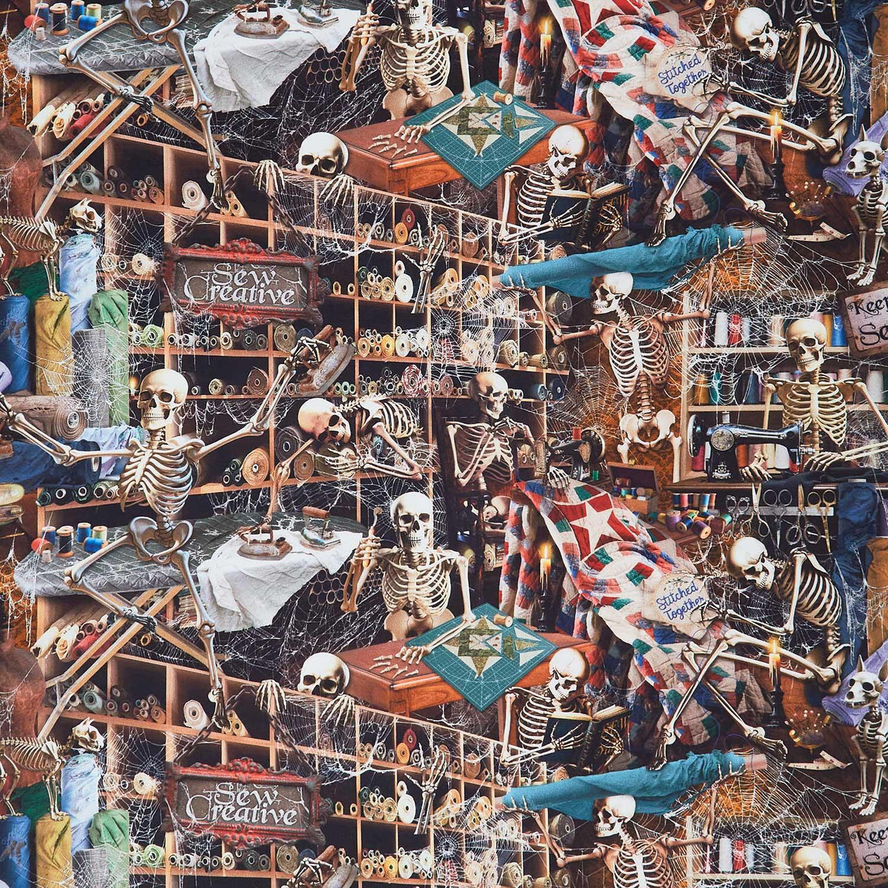 Novelty - Timeless Treasures Blood Sweat And Shears Skeleton Multi Digitally Printed Yardage