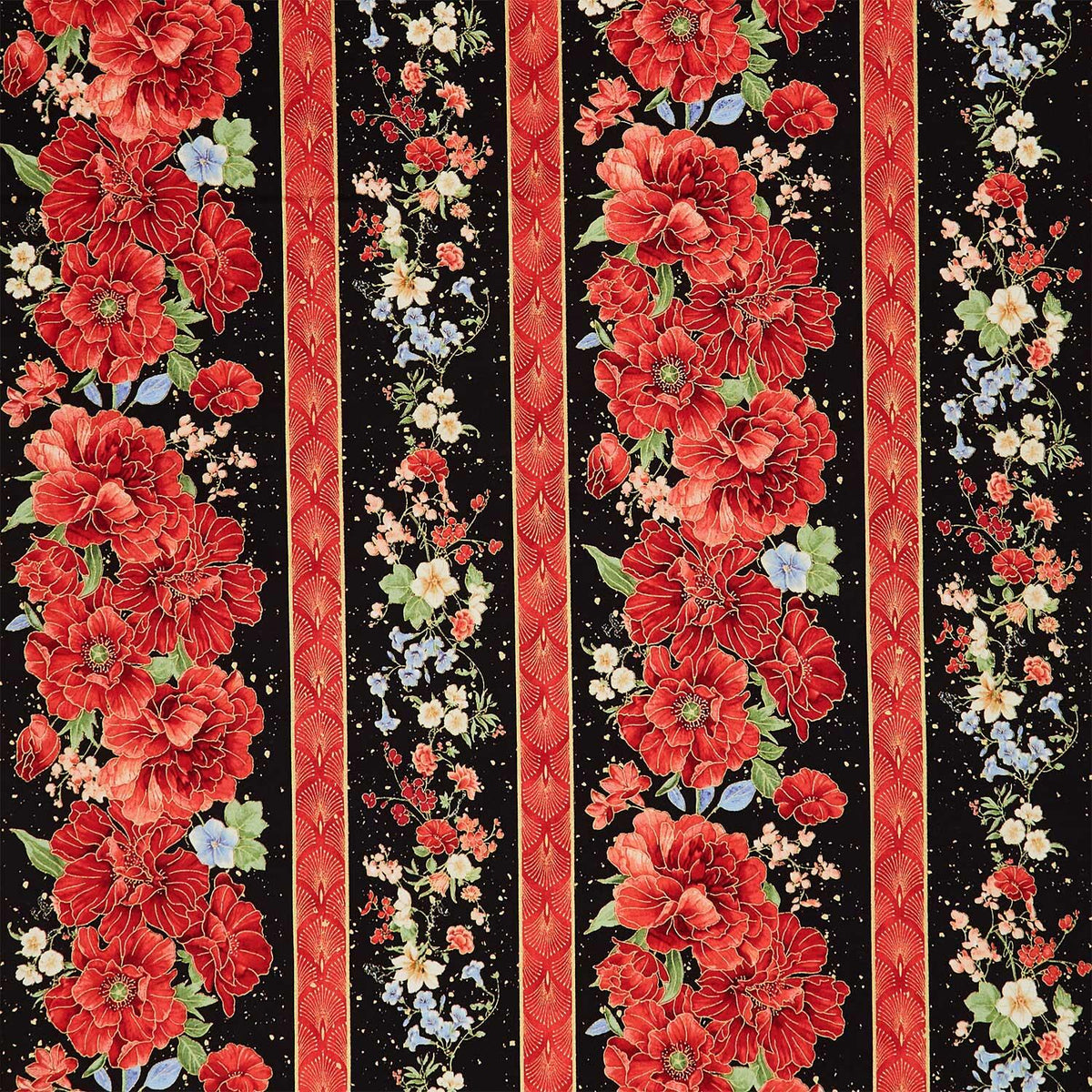 Imperial Bloom - Asian Floral 11" Stripe Black Metallic Yardage