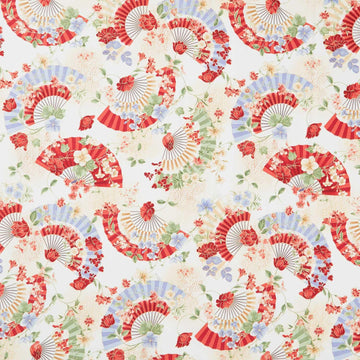 Imperial Bloom - Asian Floral Fans Beige Metallic Yardage