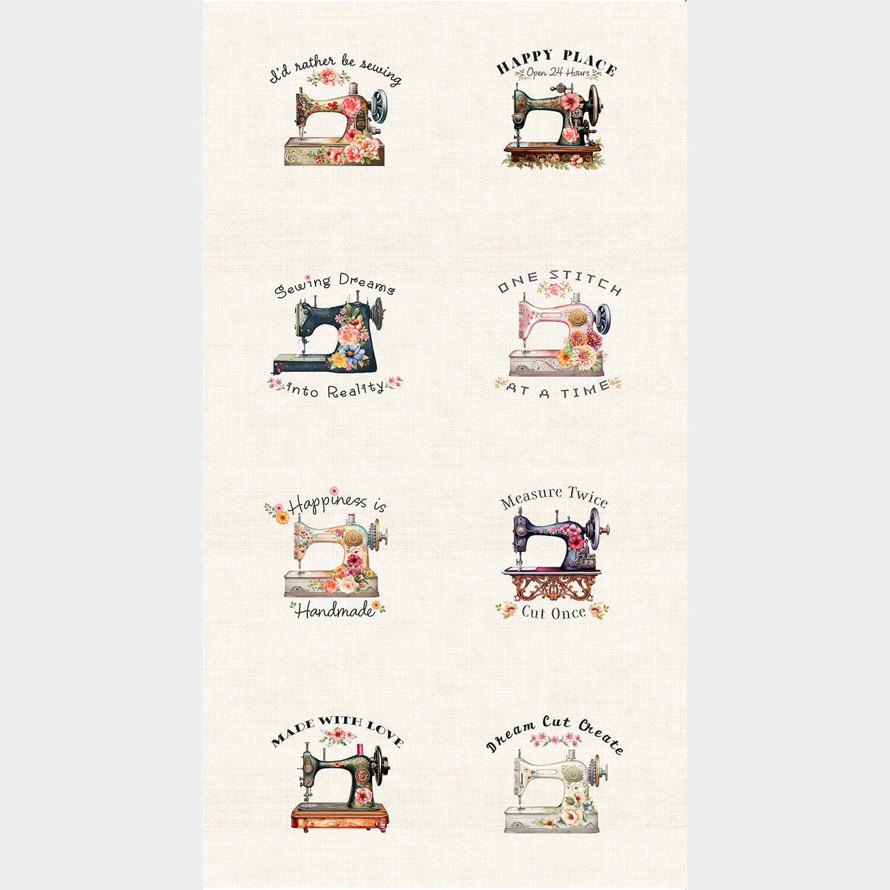 Happy Place - Floral Sewing Machines Cream Panel