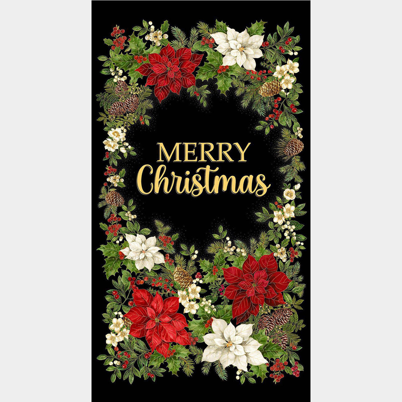 Merry Christmas - Poinsettia Wreath Black Metallic Panel