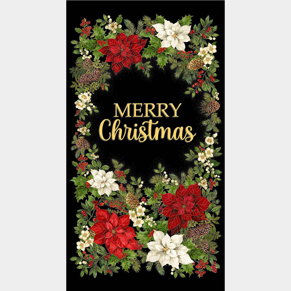 Merry Christmas - Poinsettia Wreath Black Metallic Panel