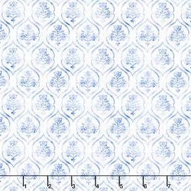 Patchwork Picnic - Floral Stamp Blue Yardage